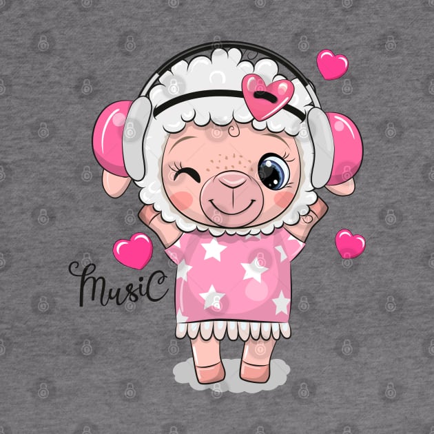 Cute little lamb in a pink dress and headphones. by Reginast777